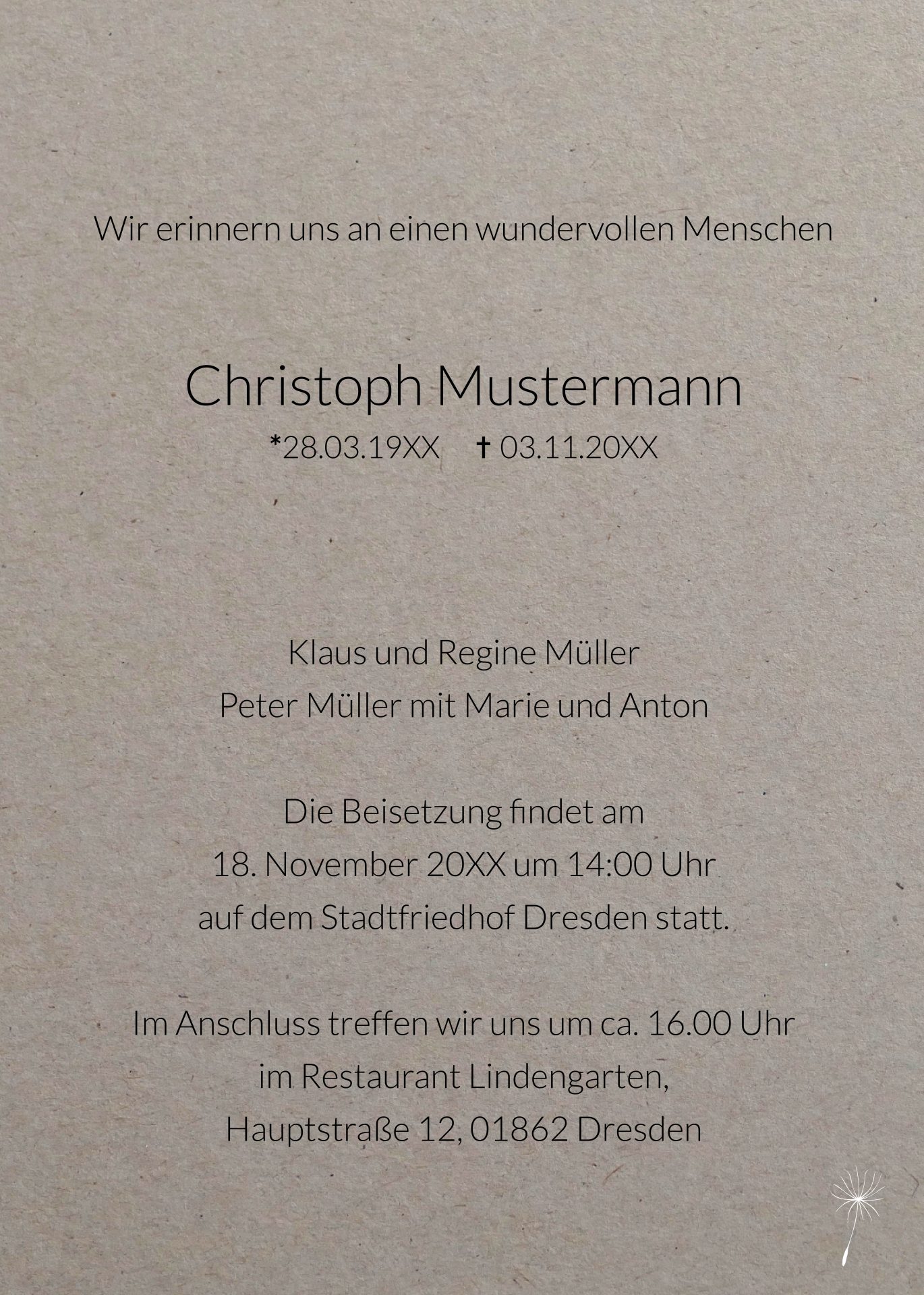 Trauerkarte PUSTEBLUME - A6 Karte – Bild 2